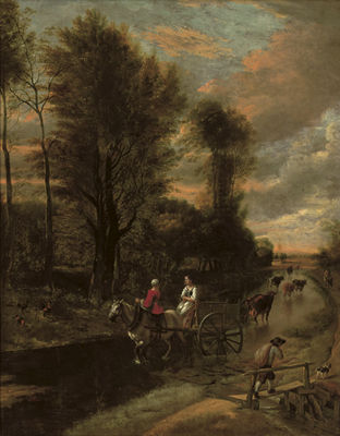 A Horse-Drawn Cart with Two Women Travelling Down a Flooded Road at the Edge of a Wood