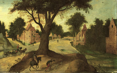 A Wooded Landscape with Travellers Entering a Town