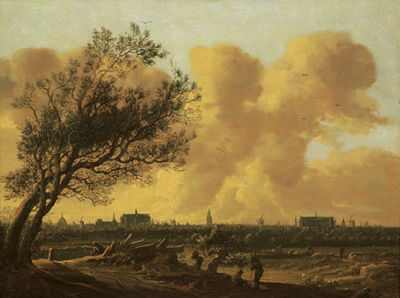 A Panaromic View of Leiden with Figures Under a Tree in the Foreground