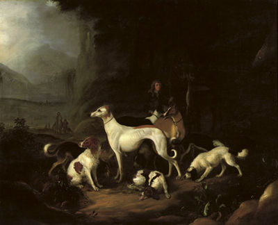 A Hunter and His Dogs Resting at the Entrance of a Cave