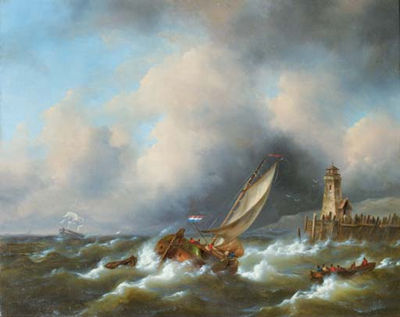 Sailing in a stiff breeze by a coast