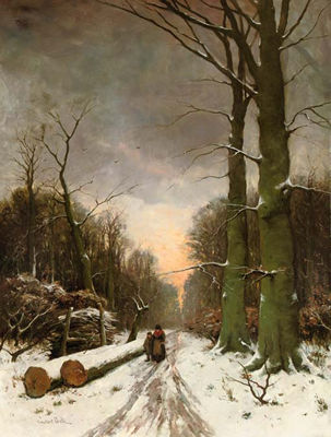 In a snow-covered forest at sunset by Constant David Ludovic Artz - Auction record, sale price, and art valuation. Compare with similar artists and explore comparable artworks.