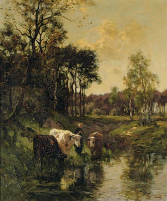 Watering cows by a forest by Johannes Karel Leurs - Auction record, sale price, and art valuation. Compare with similar artists and explore comparable artworks.