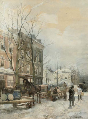 Winter te Rotterdam: a busy snow covered street by Adriaan de la Riviere - Auction record, sale price, and art valuation. Compare with similar artists and explore comparable artworks.