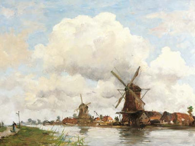 Aan de rivier: windmills along a river on a summer day