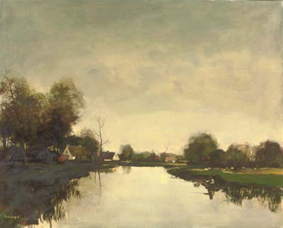 Fisherman on a bank of the river Lys