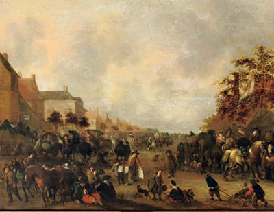 Horsemen, peasants and other figures in a busy village street