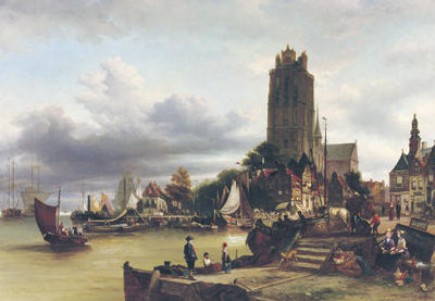 A view of Dordrecht harbour with the Grote Kerk in the background