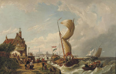 Passengers boarding a ferry at the Goeser Veerhuis with the church of Goes beyond