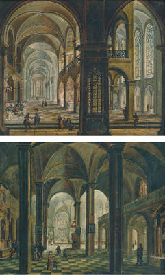 A church interior with figures praying and conversing; and A church interior with figures praying at the altar of Saint Anthony (a pair)