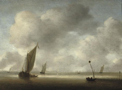 A calm with fishing boats and fishermen in the foreground