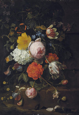 Peonies, tulips, roses and other flowers on a ledge with a snail, a beetle and a butterfly