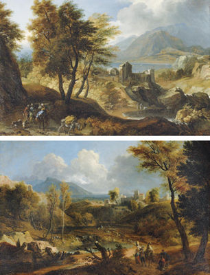 A mountainous river landscape with travellers on a track, a fortified town beyond; and A mountainous wooded landscape with travellers near a lake, a town beyond