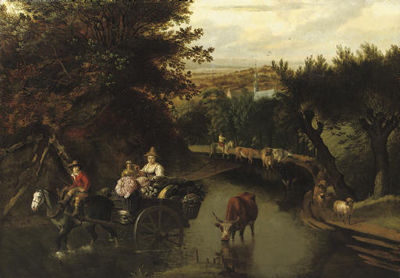 A wooded landscape with peasants in a horse-drawn cart travelling down a flooded road