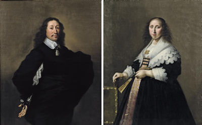 Portrait of a gentleman, three-quarter-length, in a black costume with a white chemise and collar; and Portrait of a lady, three-quarter-length, in a pink embroidered dress and black coat with white cuffs and collar standing by a chair holding a fan by Hendrick Gerritsz Pot - Auction record, sale price, and art valuation. Compare with similar artists and explore comparable artworks.