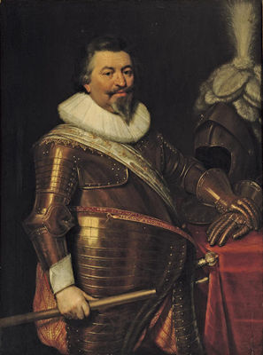 Portrait of an officer, three-quarter-length, in armour with a white sash and molensteenkraag, standing beside a draped table with gloves and a helmet