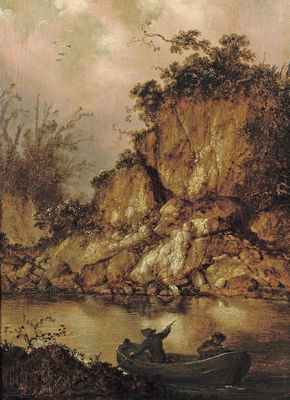 A rocky river landscape with two hunters in a rowing boat
