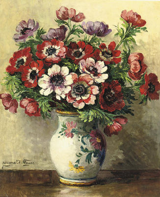 Colourful anemones in a earthenware vase by Jeanette Slager - Auction record, sale price, and art valuation. Compare with similar artists and explore comparable artworks.