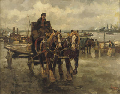 A horse carriage in the busy harbour of Rotterdam