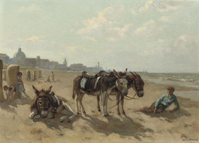 Donkeys on the beach of Scheveningen with the Kurhaus beyond by Louis Soonius - Auction record, sale price, and art valuation. Compare with similar artists and explore comparable artworks.