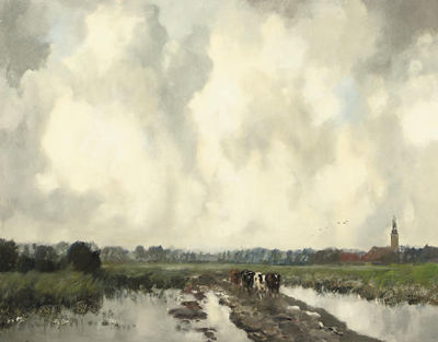 On the outskirts of Nieuwkoop with the Gemeentetoren in the background by Louis Willem van Soest - Auction record, sale price, and art valuation. Compare with similar artists and explore comparable artworks.