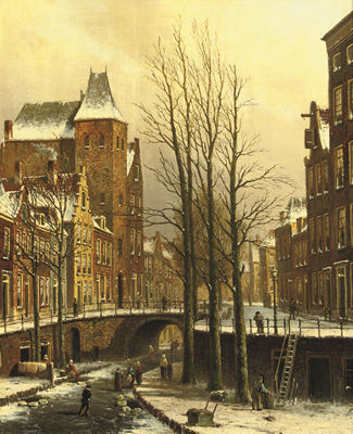 The fortified city castle Oudaen on the Oude Gracht in winter, Utrecht