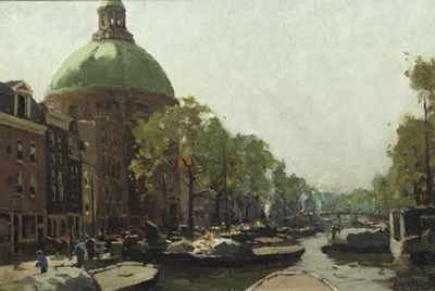 Barges in the Singel with the Koepelkerk, Amsterdam