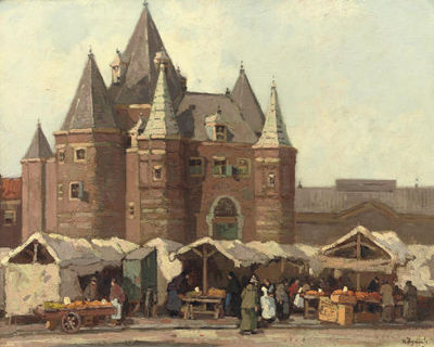 A busy marketday on the Nieuwmarkt outside the Waag, Amsterdam