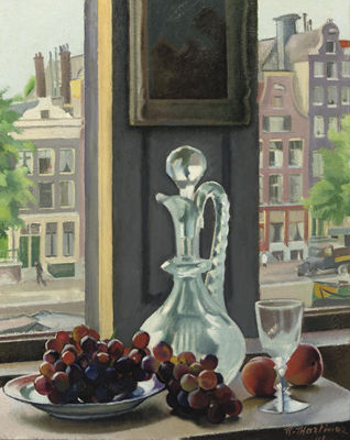 A still life with fruits with a view from the artist's studio, Prinsengracht, Amsterdam by Raoul Martinez - Auction record, sale price, and art valuation. Compare with similar artists and explore comparable artworks.