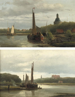 Boats near Enkhuizen with the Dromedaris in the background; and A riverlandscape at sunset with the Zuidertoren, Enkhuizen (a pair)