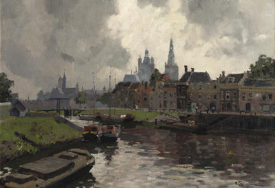 Barges in the Zuidwillemsvaart with the Sint Jan cathedral in the distance, Den Bosch