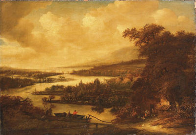 A wooded river landscape with fishermen in a boat and hunters on a track, a town beyond