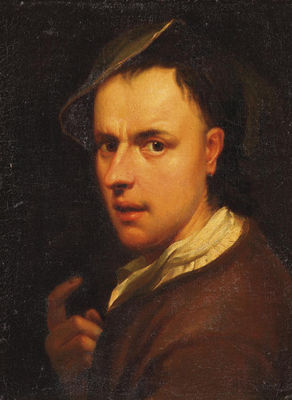 Portrait of a young man, bust-length, in a red costume with a white jabot