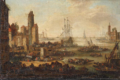 A view of a coastal town, shipping in the distance