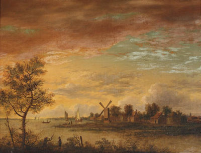 An extensive river landscape with a windmill