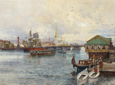 Boating on the Neva with the Peter-Paul Cathedral in the distance, St-Petersburg
