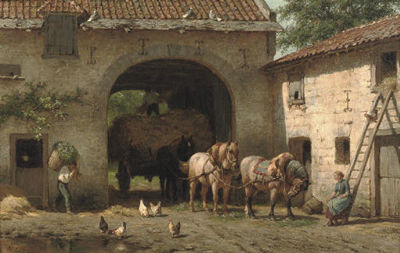A hay-cart entering a courtyard in summer