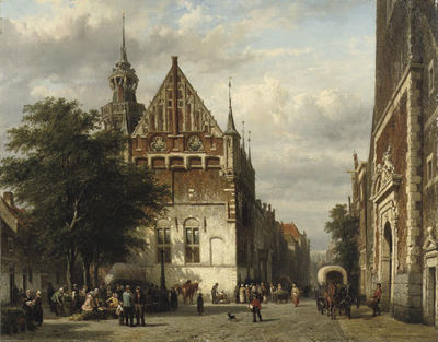 A busy market in front of the Town Hall, Kampen, with the entrance of the Nieuwe Toren on the right