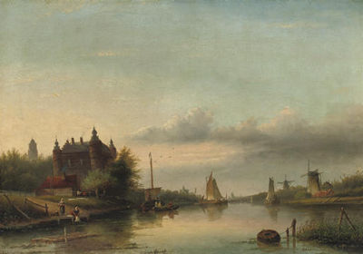 A Dutch river landscape with a castle by the water-front