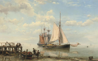 Sailing-vessels by a coast on a calm sea