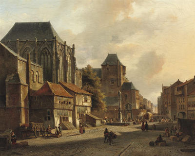 A busy day on a sunlit town square