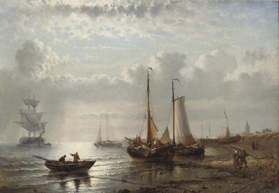 Fishing vessels moored by a coast by George Willem Opdenhoff - Auction record, sale price, and art valuation. Compare with similar artists and explore comparable artworks.