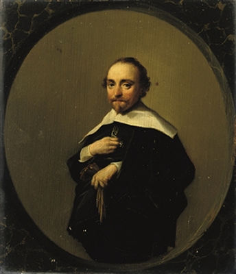 Portrait of a gentleman, three-quarter-length, in a black costume with a white collar, holding his gloves, in a painted oval