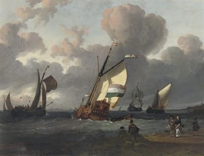 Shipping in choppy waters before a crowded beach, a town beyond
