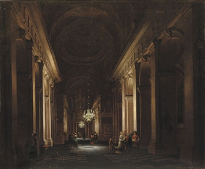 A classical church interior with elegant figures conversing by candlelight