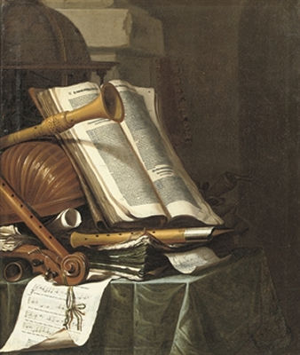 Books, a globe and musical instruments on a draped table