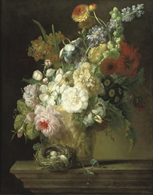 Roses, chrysanthemums, anemonies and other flowers in a sculpted vase with a bird's nest on a stone ledge by Willem Van Leen - Auction record, sale price, and art valuation. Compare with similar artists and explore comparable artworks.