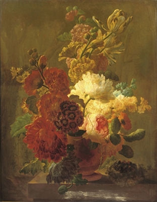 Roses, tulips, violets and other flowers in an urn on a stone ledge with a bird's nest