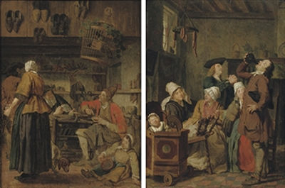 A cobbler's workshop; and A family in an interior (pair)