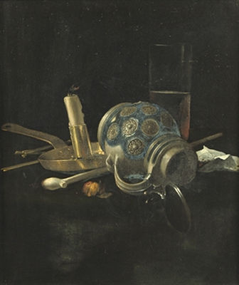 A stoneware jug, a glass of beer, a candlestick and a pipe on a draped table